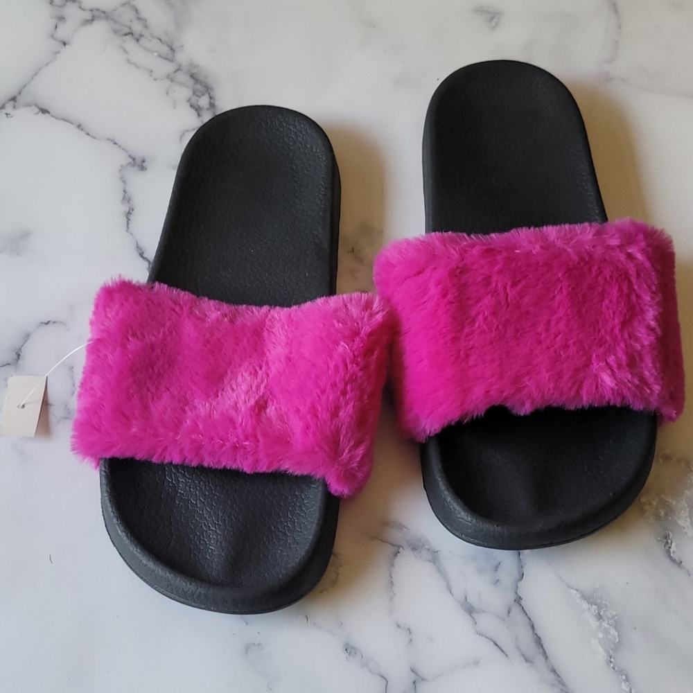 Fushia Furry Hard Sole Slippers